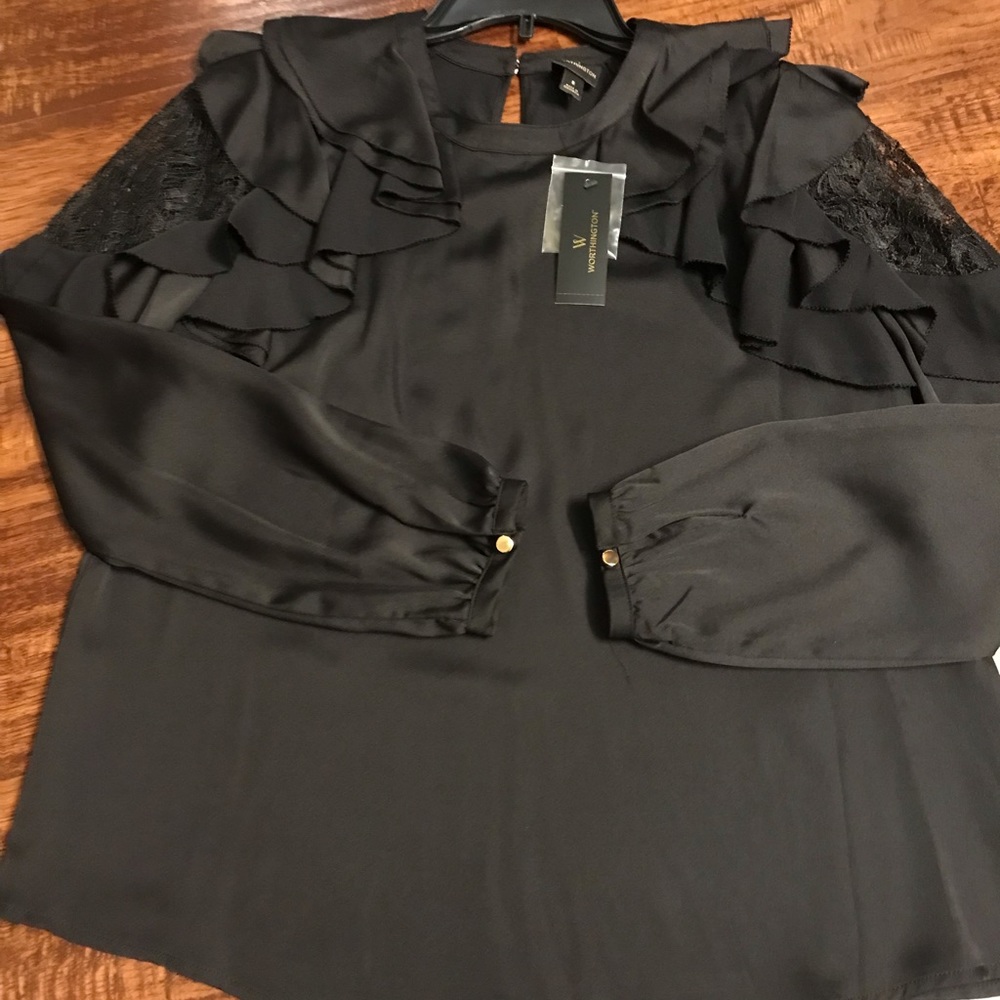 NWT- black satin blouse with ruffle trip sleeves and lace material on shoulders
